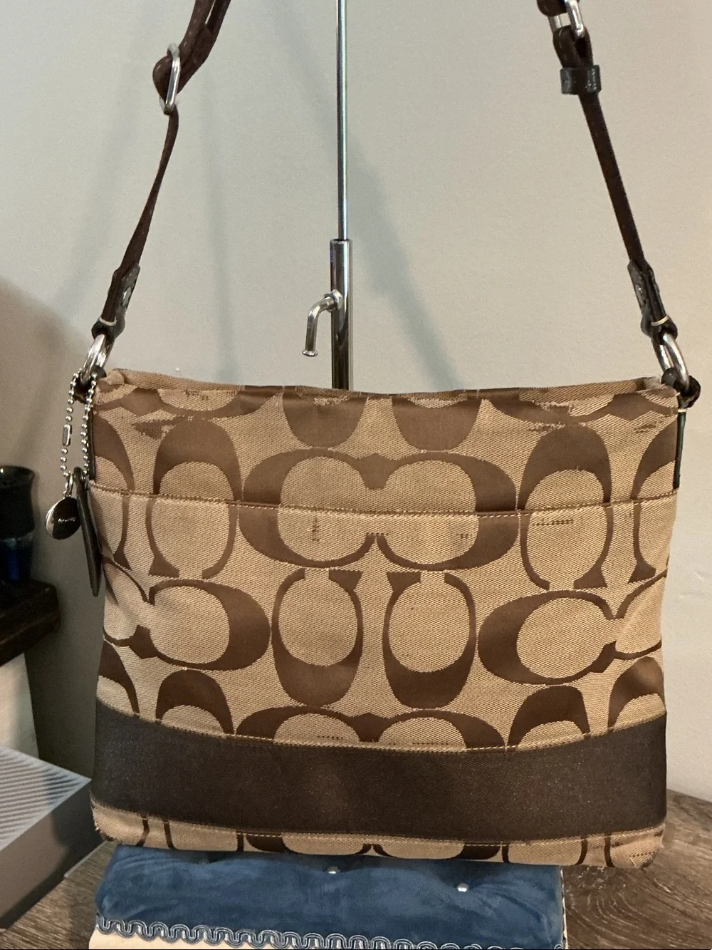 Coach Brown Signature Canvas Crossbody Bag with Dark Brown Trim